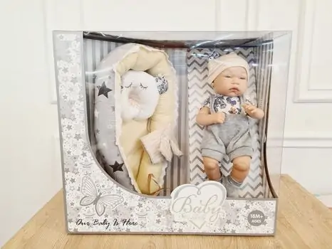 LOVELY Newborn doll with cradle, quilt and pillow საბავშვო სათამაშო თოჯინა, 3 image