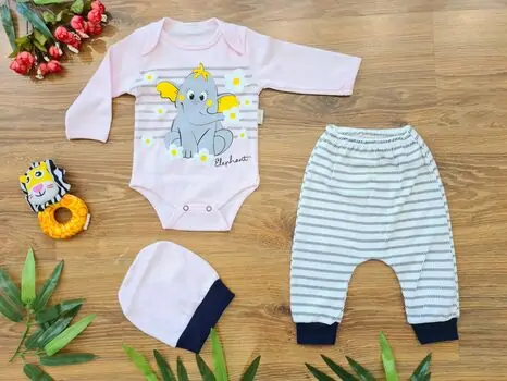 Little colorful Elephant 3in1 Set ახალშობილის ტანსაცმლის ნაკრები LEYLEK 4313 WHITE