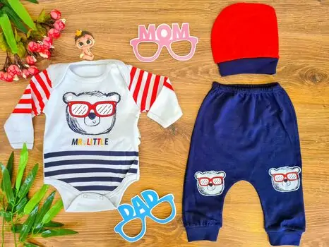 Mr. Little Bear 3in1 Set ახალშობილის ტანსაცმლის ნაკრები LEYLEK 4364 Red