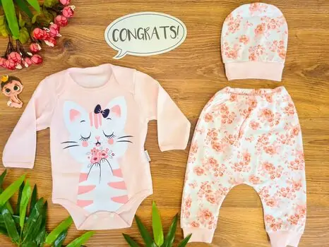 Lovely Kitten 3in1 Set ახალშობილის ტანსაცმლის ნაკრები LEYLEK 4336 Light Pink
