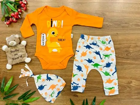 Dino i'm t'rex 3in1 Orange Set ახალშობილის ტანსაცმლის ნაკრები POLİFONİ 1130