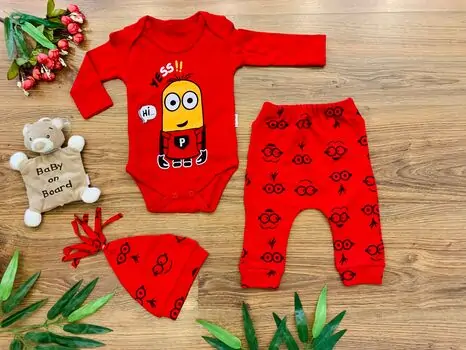 Hey Minion 3in1 Red Set ახალშობილის ტანსაცმლის ნაკრები POLİFONİ 1020