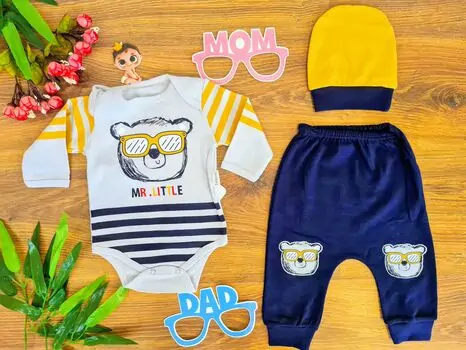 Mr. Little Bear 3in1 Set ახალშობილის ტანსაცმლის ნაკრები LEYLEK 4364 Yellow