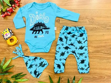 Dino Stegosaurus 3in1 Set, Blue ახალშობილის ტანსაცმლის ნაკრები POLİFONİ 1060