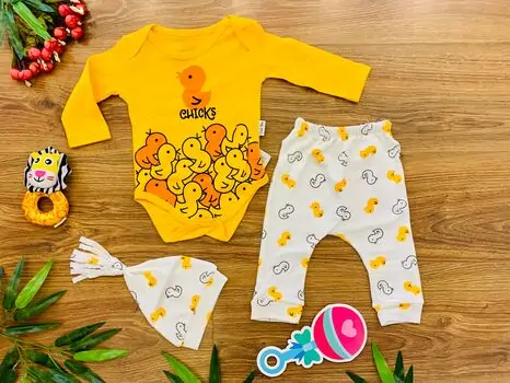Chicks Yellow 3in1 Set, Red ახალშობილის ტანსაცმლის ნაკრები POLİFONİ 1270