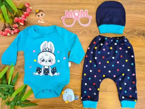 Bunny with dots 3in1 Set ახალშობილის ტანსაცმლის ნაკრები LEYLEK 4361 Blue