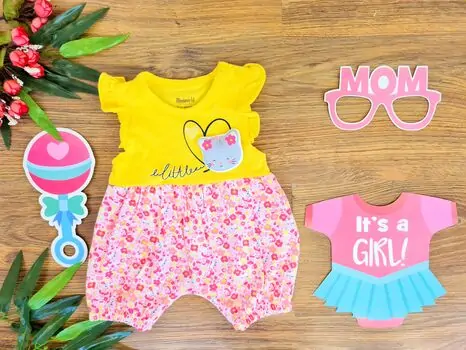 Little Kitten Flower Print ჩვილის რომპერი 16683 Miniworld Yellow