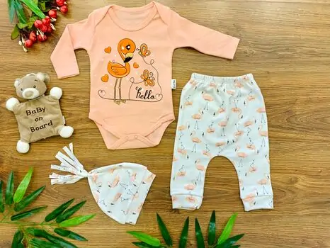 Hello Flamingo Peach Set ახალშობილის ტანსაცმლის ნაკრები POLİFONİ 1280