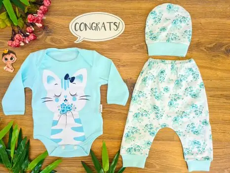 Lovely Kitten 3in1 Set ახალშობილის ტანსაცმლის ნაკრები LEYLEK 4336 Blue