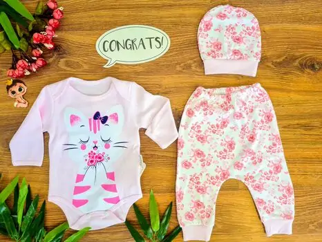 Lovely Kitten 3in1 Set ახალშობილის ტანსაცმლის ნაკრები LEYLEK 4336 PINK
