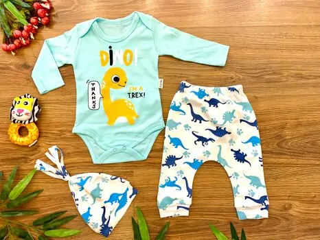Dino i'm t'rex 3in1 Blue Set ახალშობილის ტანსაცმლის ნაკრები POLİFONİ 1130