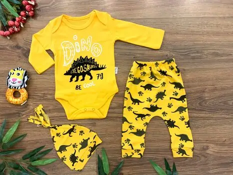 Dino Stegosaurus 3in1 Set, Yellow ახალშობილის ტანსაცმლის ნაკრები POLİFONİ 1060