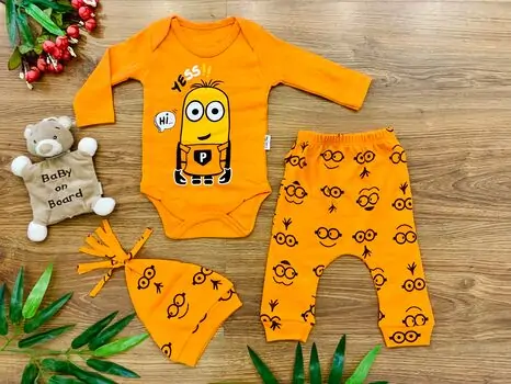 Hey Minion 3in1 Orange Set ახალშობილის ტანსაცმლის ნაკრები POLİFONİ 1020