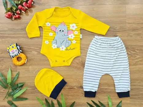 Little colorful Elephant 3in1 Set ახალშობილის ტანსაცმლის ნაკრები LEYLEK 4313 YELLOW