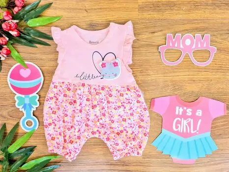 Little Kitten Flower Print ჩვილის რომპერი 16683 Miniworld Light Pink