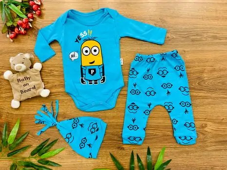 Hey Minion 3in1 Blue Set ახალშობილის ტანსაცმლის ნაკრები POLİFONİ 1020