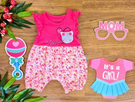 Little Kitten Flower Print ჩვილის რომპერი 16683 Miniworld Dark Pink