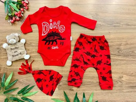 Dino Stegosaurus 3in1 Set, Red ახალშობილის ტანსაცმლის ნაკრები POLİFONİ 1060