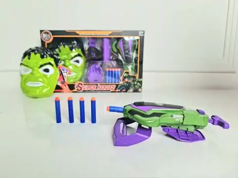 HULK MASK WITH SOFT BULLET LAUNCHER 564-934 MARVEL-ის სუპერგმირი ჰალკის ბლასტერი და ნიღაბი