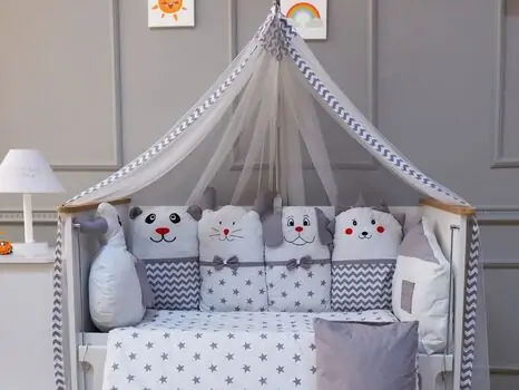 Yuar Baby Sweety Animals Bedding Set for cribs  Grey ახალშობილის საწოლის თეთრეული