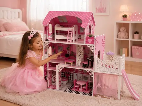 Pink Wooden Doll House With Slide And Accsesoriess  - თოჯინის ხის სახლი სასრიალოთი და ავეჯით