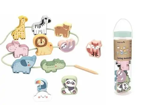 Tooky Toy Wild Animals Lacing Blocks - ხის განსავითარებელი სათამაშო