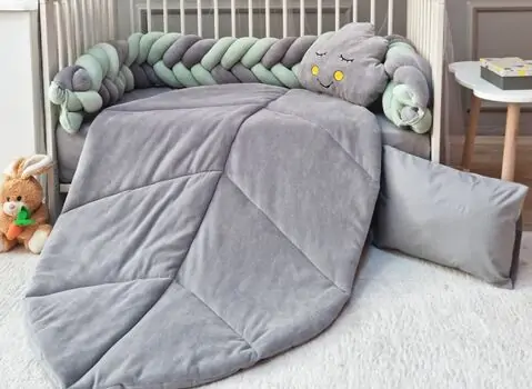 Yuar Baby Leave Velvet Bedding Set for cribs Grey Mint ახალშობილის საწოლის თეთრეული