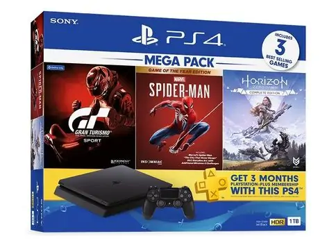 ფლეისთეიშენი PlayStation 4 1TB Slim + 3 Games Horizone Zero Down+Spider-Man+Gran Turismo Sport 115701