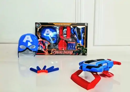 CAPTAIN AMERICA MASK WITH SOFT BULLET LAUNCHER 564-933 MARVEL-ის სუპერგმირი კაპიტან ამერიკას ბლასტერი და ნიღაბი