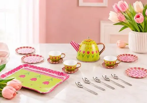 Beautiful Green/Pink Metal Tea Set -  სათამაშო ჩაის ნაკრები აქსესუარებით