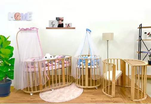Natural EGGER  with Pink Grey White Knit Bumper Set ხის  ტრანსფორმერი საწოლის კომპლექტი