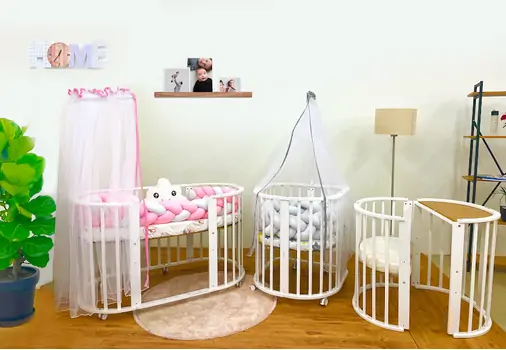 WHITE EGGER CRADLE With Pink White Knit Bumper ხის ტრანსფორმერი საწოლის კომპლექტი