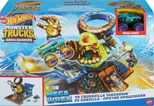 Hot Wheels Monster Trucks Arena Smashers MEGA-Wrex vs Crushzilla Takedown Playset - საბავშვო სათამაშო ტრასა, 6 image