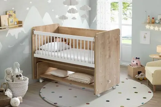Baby When Wood Color Swinging and Wheeled Bedside Cradle ახალშობილის საწოლი, 2 image