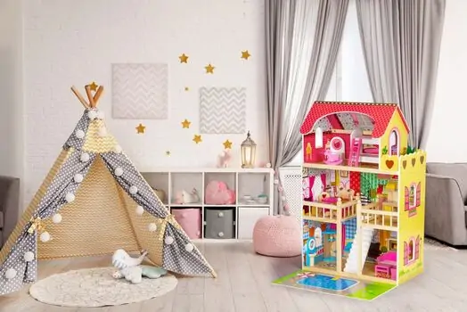 Wooden Doll House With Pool And Accsesoriess  - თოჯინის ხის სახლი ავეჯით და განათებით, 7 image