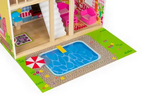 Wooden Doll House With Pool And Accsesoriess  - თოჯინის ხის სახლი ავეჯით და განათებით, 6 image