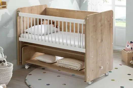 Baby When Wood Color Swinging and Wheeled Bedside Cradle ახალშობილის საწოლი, 4 image