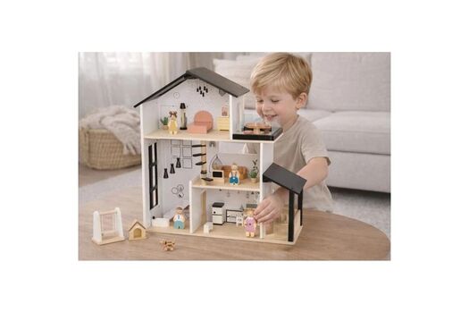 Tooky Toy Kids Play Doll House Family Figures Furniture Pet-საბავშვო თოჯინების სახლის ნაკრები ავეჯით, ფიგურებითა და შინაური ცხოველით, 6 image