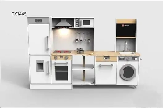 Toy Wooden Kitchen Set With Accessories TX1445 საბავშვო ხის ფუნქციური სამზარეულო სარეცხის მანქანით