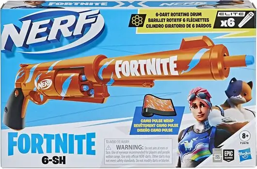 NERF Fortnite 6-SH Dart Blaster Camo Pulse Wrap, Hammer Action Priming HAS-F2678 ბლასტერი რბილი ტყვიებით, 11 image