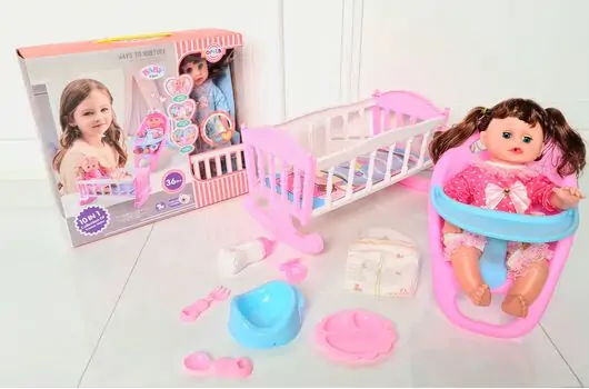 Doll With Bed & Accessories Blue L010-11 სათამაშო თოჯინა საწოლით და საკვები სკამით