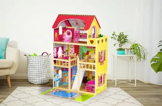 Wooden Doll House With Pool And Accsesoriess  - თოჯინის ხის სახლი ავეჯით და განათებით, 4 image