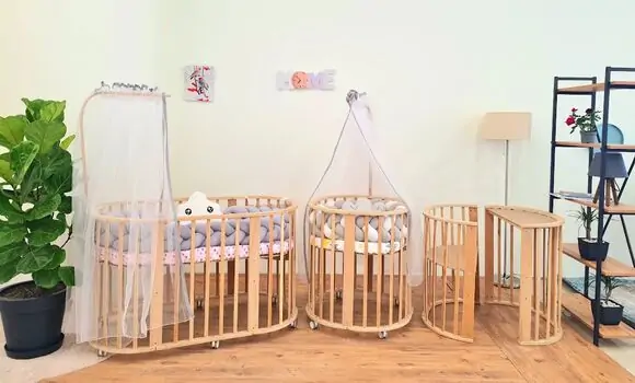 Bebeconfor Basket Crib Natural EGGER with Grey Set ხის ტრანსფორმერი საწოლი