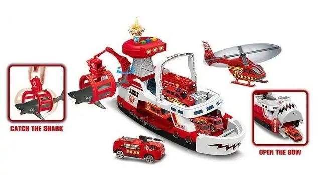 Fire-Fighting Ship With Car And Helicopter - სათამაშო სახანძრო გემი მანქანით და ვერტმფრენით, 2 image
