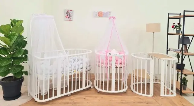WHITE EGGER CRADLE With Pink White Knit Bumper ხის ტრანსფორმერი საწოლის კომპლექტი, 4 image